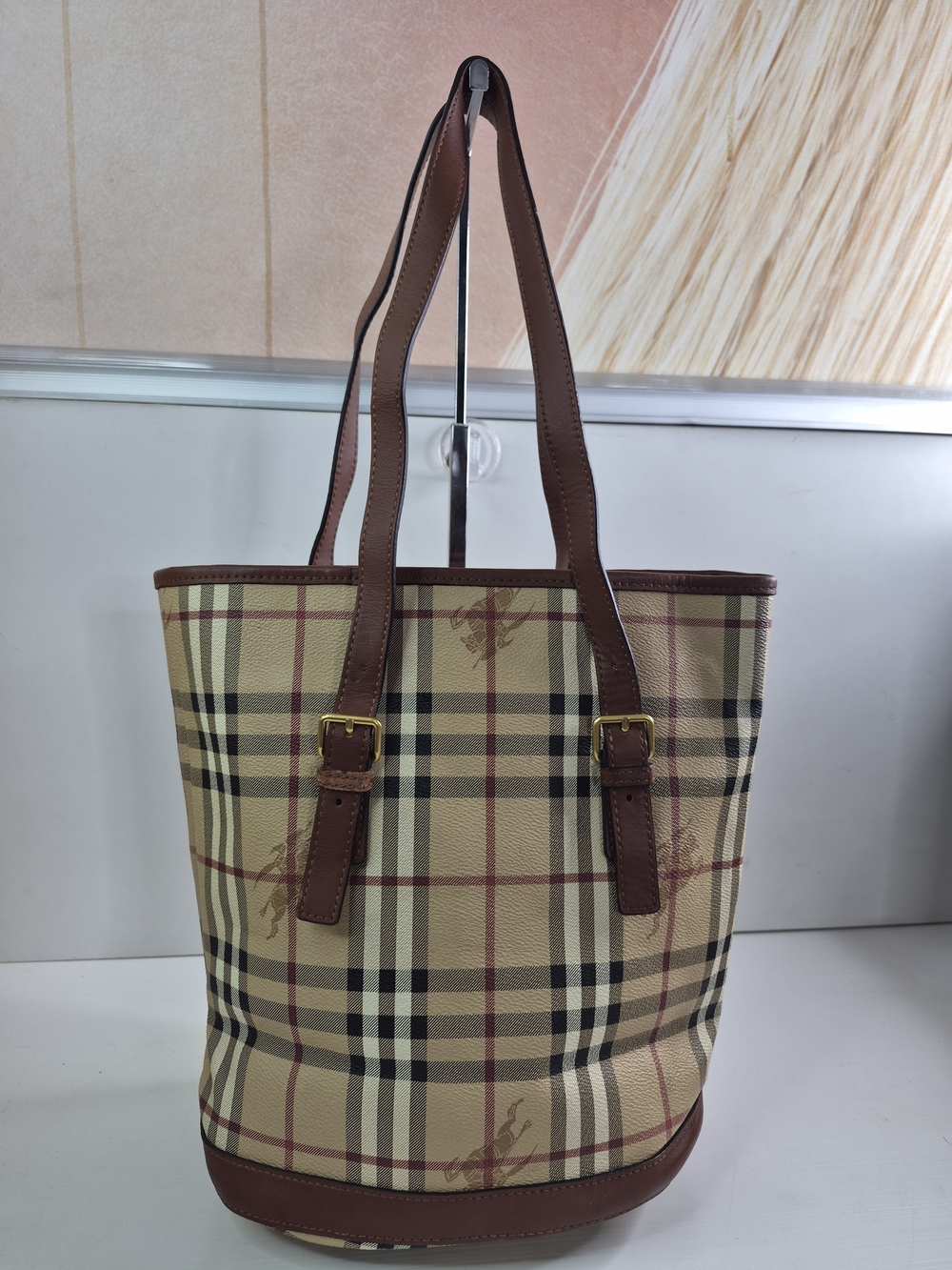 Burberry Beige Plaid Tote with Brown Leather Trim
